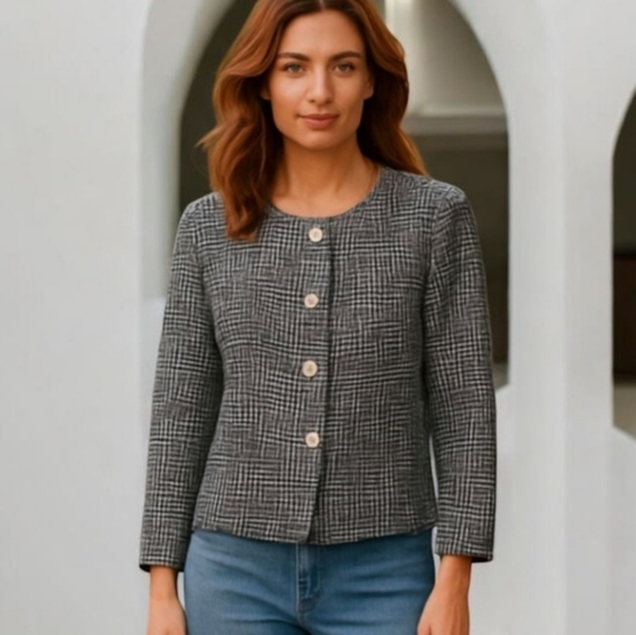 Vtg 90s Talbots Black/ White Blazer Silk Wool Blend Classic Structured Sz 12 - Picture 1 of 10